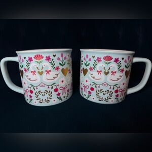 Floral Swan Ceramic Mug Pair - White with Pink & Gold Accents